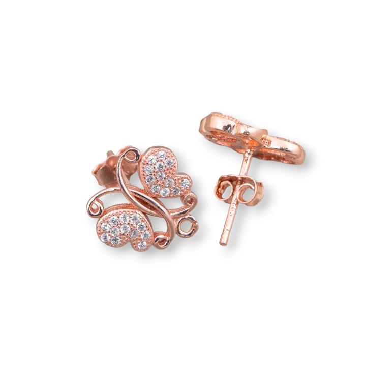 Aretes De Plata De Ley 925 Base Con Circonitas Mariposa Alfiler 12mm 3 Pares Oro Rosa