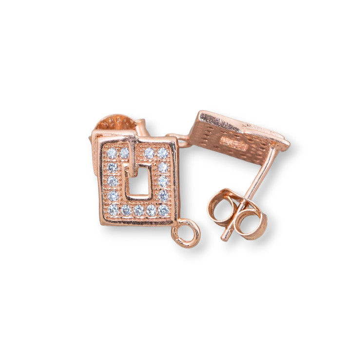 Pendientes Plata De Ley 925 Base Con Circonitas Perforado Rombo Stud 11x15mm 4 Pares Oro Rosa