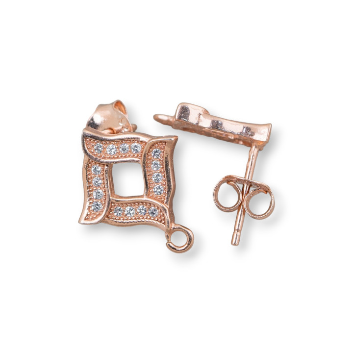 Base Para Aretes En Plata 925 Con Circonitas Perforado Rombo Pin 13x15mm 3 Pares Oro Rosa