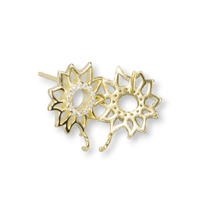 Base Pour Boucles D'oreilles En Argent 925 Clou Fleur Avec Cercle De Zircons 14mm 3 Paires Doré
