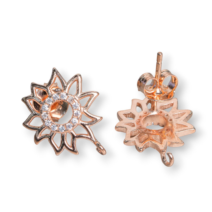 Base Per Orecchini Di Argento 925 Perno Fiore Con Cerchietto Di Zirconi 14mm 3 Paia Oro Rosa