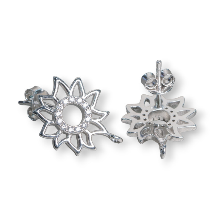 Base Per Orecchini Di Argento 925 Perno Fiore Con Cerchietto Di Zirconi 14mm 3 Paia Rodiato