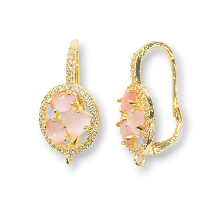 Oval Closed Hook Brass Earring Base with Cat's Eye Cabochon Set 13.5x25mm 5 Pairs Golden Fuchsia