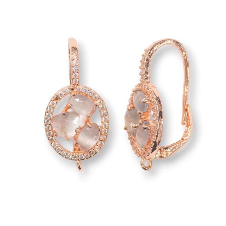 Base Per Orecchini Di Ottone A Monachella Chiusa Ovale Con Cabochon Di Occhi Di Gatto Incastonati 13,5x25mm 5 Paia Oro Rosa Gri