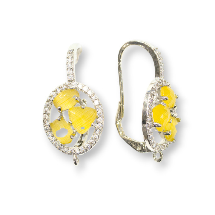 Ovale Fermé Crochet Laiton Boucle D'oreille Base Avec Set Cat Eye Cabochons 13.5x25mm 5 Paires Plaqué Rhodium