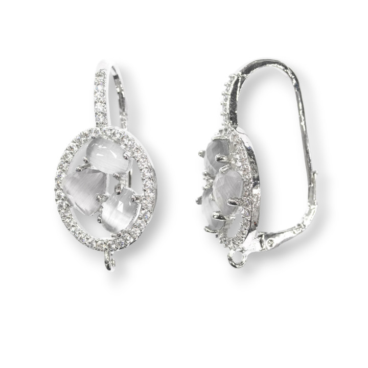 Ovale Fermé Crochet Laiton Boucles D'Oreilles Avec Set Cat Eye Cabochon 13.5x25mm 5 Paires Rhodium Gris