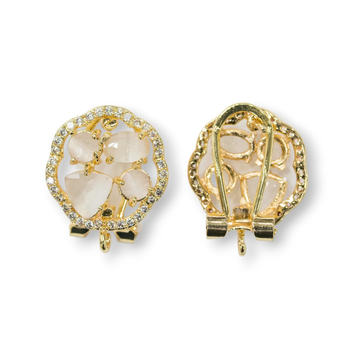 Brass Closed Stud Earring Base Flower with Cat's Eye Cabochon Set 16mm 5 Pairs White Golden