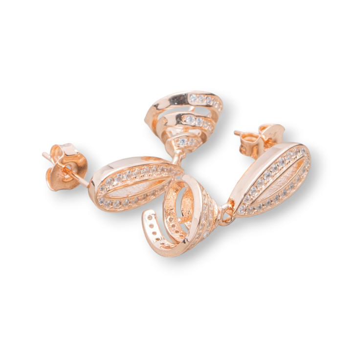 Boucles d'Oreilles Tiges Argent 925 Base Ovale Zircone Clous Spirale Cuvettes 12x23,5mm 1 Paire Or Rose