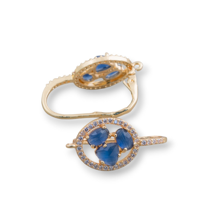 Ovale Ohrringbasis aus Messing mit geschlossenem Haken und Katzenaugen-Cabochon-Set, 13,5 x 25 mm, 5 Paar, Goldblau