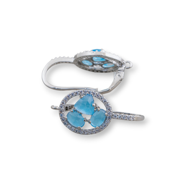 Oval Closed Hook Brass Earring Base with Cat's Eye Cabochon Set 13.5x25mm 5 Pairs Rhodium Plated Blue