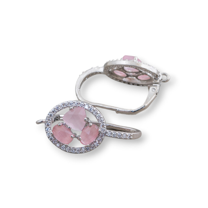 Ovale Ohrringbasis aus Messing mit geschlossenem Haken und Katzenaugen-Cabochon, 13,5 x 25 mm, 5 Paar, rhodiniert, Rosa