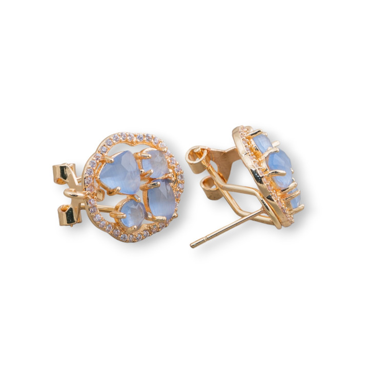 Brass Closed Stud Earring Base Flower with Cat's Eye Cabochon Set 16mm 5 Pairs Golden Light Blue