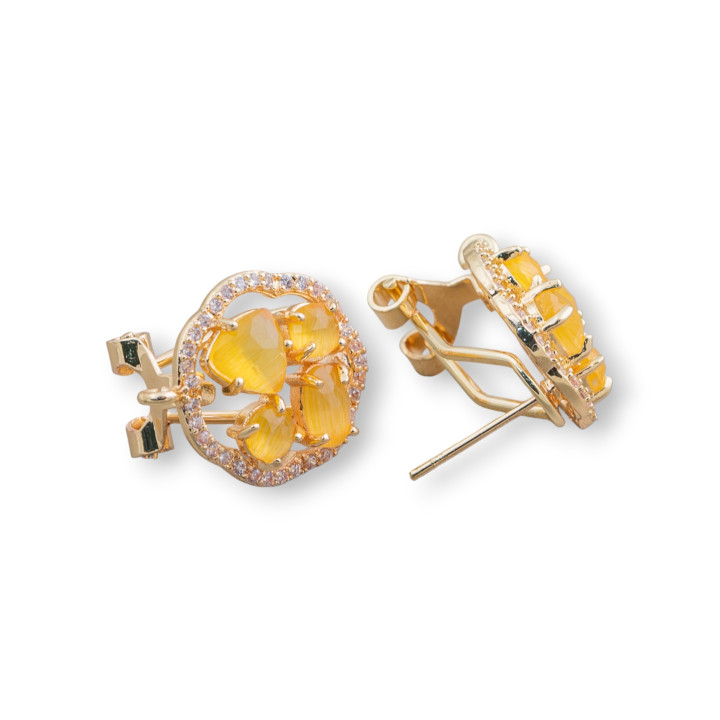 Base Per Orecchini Di Ottone A Perno Chiuso Fiore Con Cabochon Di Occhi Di Gatto Incastonati 16mm 5 Paia Dorato Giallo