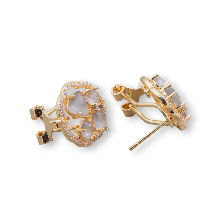 Brass Closed Stud Earring Base Flower with Cat's Eye Cabochon Set 16mm 5 Pairs Golden Gray