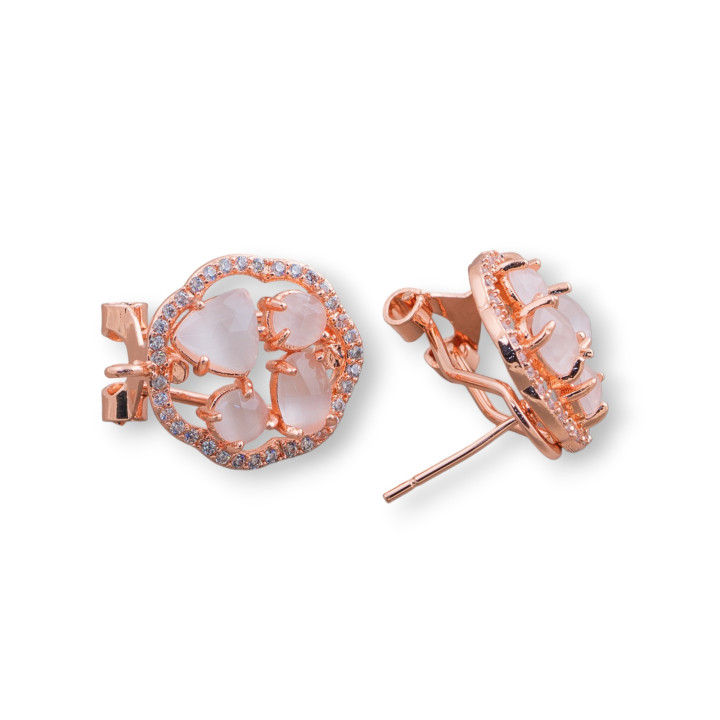 Brass Closed Stud Earring Base Flower with Cat's Eye Cabochon Set 16mm 5 Pairs White Rose Gold