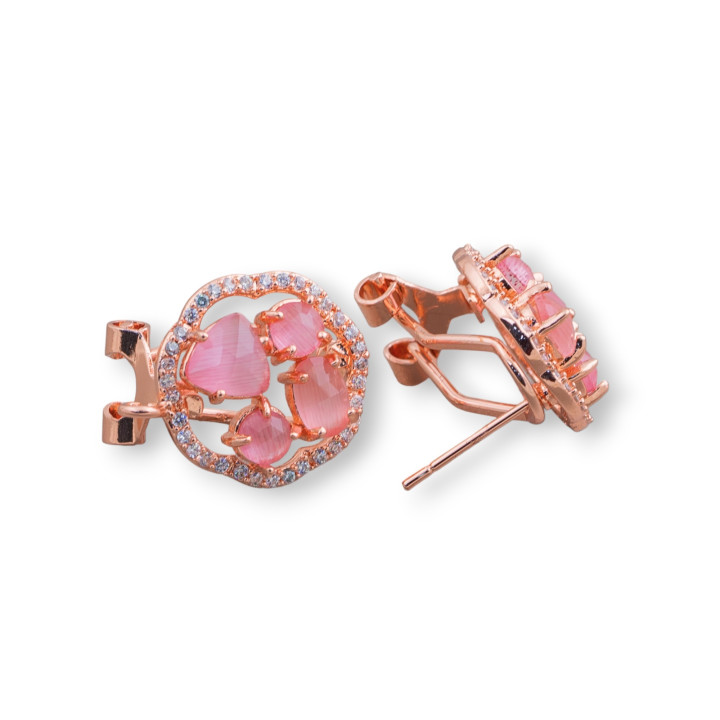 Brass Closed Stud Earring Base Flower with Cat's Eye Cabochon Set 16mm 5 Pairs Rose Gold Fuchsia