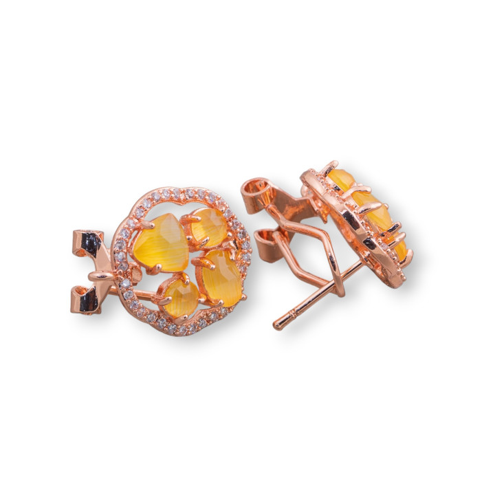 Brass Closed Stud Earring Base Flower with Cat's Eye Cabochon Set 16mm 5 Pairs Rose Gold Yellow
