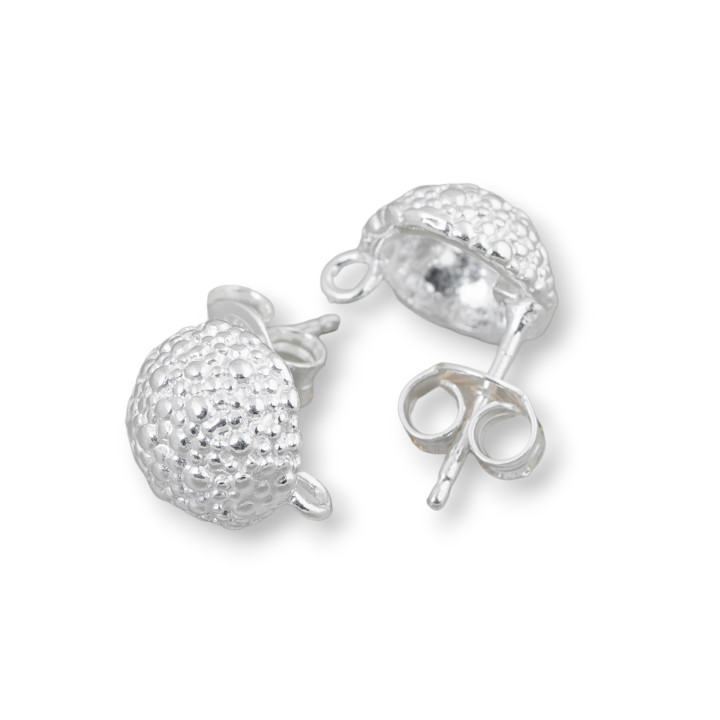 Base For Earrings Of 925 Silver Granulated Semisphere Pin 10mm 2 Pairs Silver
