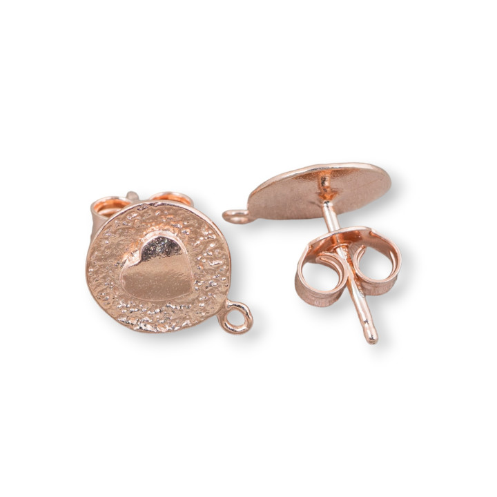 Base For Earrings Of 925 Silver Round Stud With Heart 10mm 4 Pairs Rose Gold