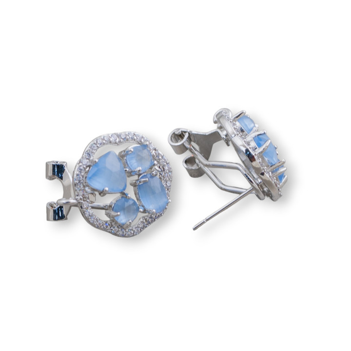 Boucles d'Oreilles Tige Fermée Fleur Laiton Base Avec Cabochon Oeil de Chat 16mm 5 Paires Rhodium Bleu Clair