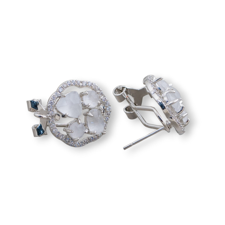 Base Per Orecchini Di Ottone A Perno Chiuso Fiore Con Cabochon Di Occhi Di Gatto Incastonati 16mm 5 Paia Rodiato Bianco