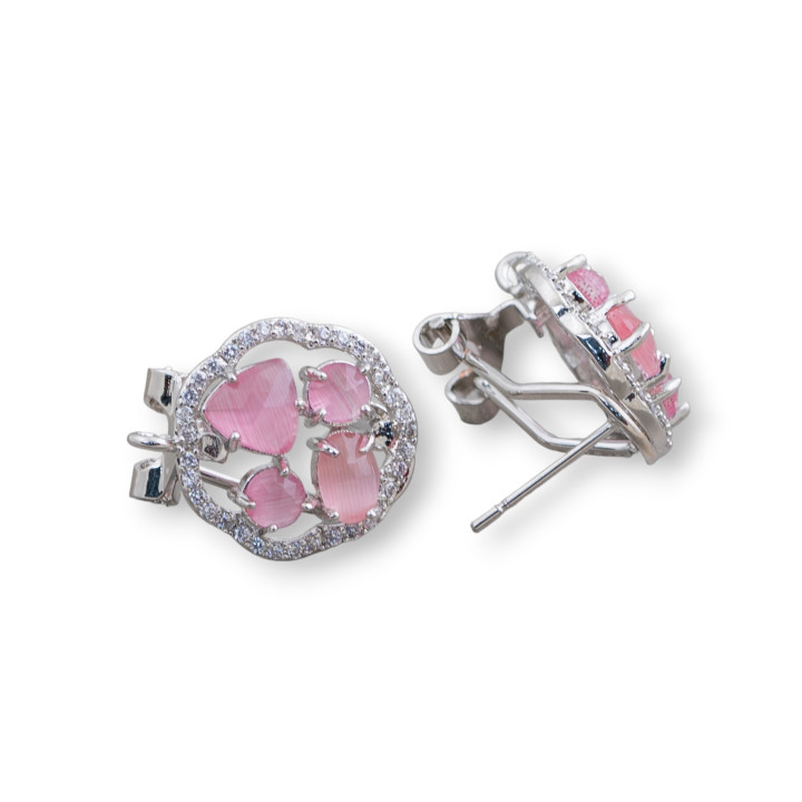 Ορειχάλκινο Σκουλαρίκι Βάση Κλειστό Stud Flower with Cat's Eye Cabochon Σετ 16mm 5 Ζεύγη Ρόδιο Φούξια
