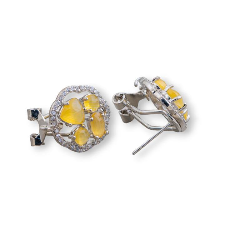 Base Per Orecchini Di Ottone A Perno Chiuso Fiore Con Cabochon Di Occhi Di Gatto Incastonati 16mm 5 Paia Rodiato Giallo