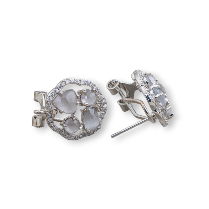 Base Per Orecchini Di Ottone A Perno Chiuso Fiore Con Cabochon Di Occhi Di Gatto Incastonati 16mm 5 Paia Rodiato Grigio