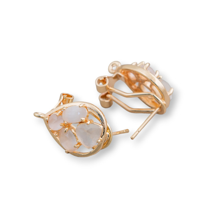 Brass Earring Base Closed Stud Drop with Cat's Eye Cabochon Set 13x16mm 5 Pairs White Golden