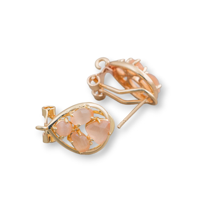 Ορειχάλκινο Σκουλαρίκι Βάση Κλειστό Stud Drop με Cat's Eye Cabochon Σετ 13x16mm 5 Ζεύγη Χρυσό Ροδάκινο
