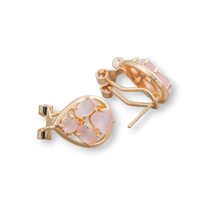 Ορειχάλκινο Σκουλαρίκι Βάση Κλειστό Stud Drop με Cat's Eye Cabochon Σετ 13x16mm 5 Ζεύγη Ροζ Χρυσό