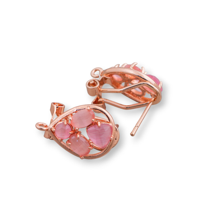 Brass Earring Base Closed Stud Drop with Cat's Eye Cabochon Set 13x16mm 5 Pairs Rose Gold Fuchsia
