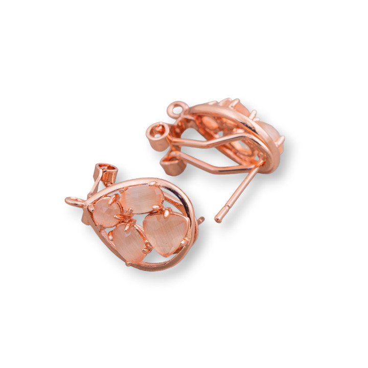 Base Per Orecchini Di Ottone A Perno Chiuso Goccia Con Cabochon Di Occhi Di Gatto Incastonati 13x16mm 5 Paia Oro Rosa Pesca