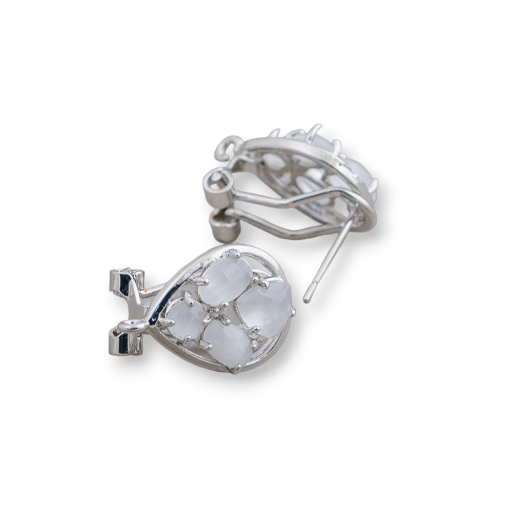 Ορειχάλκινο Σκουλαρίκι Βάση Κλειστό Stud Drop με Cat's Eye Cabochon Σετ 13x16mm 5 Ζεύγη Λευκό Ρόδιο