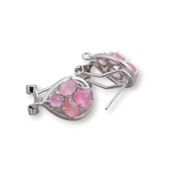 13x16mm Cat Eye Cabochon Goutte Goutte Fermé Laiton Boucles D'Oreilles Clou Base 5 Paires Plaqué Rhodium Fuchsia