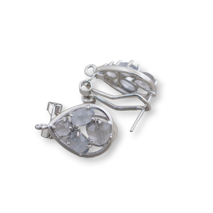 Brass Earring Base Closed Stud Drop with Cat's Eye Cabochon Set 13x16mm 5 Pairs Rhodium Plated Gray
