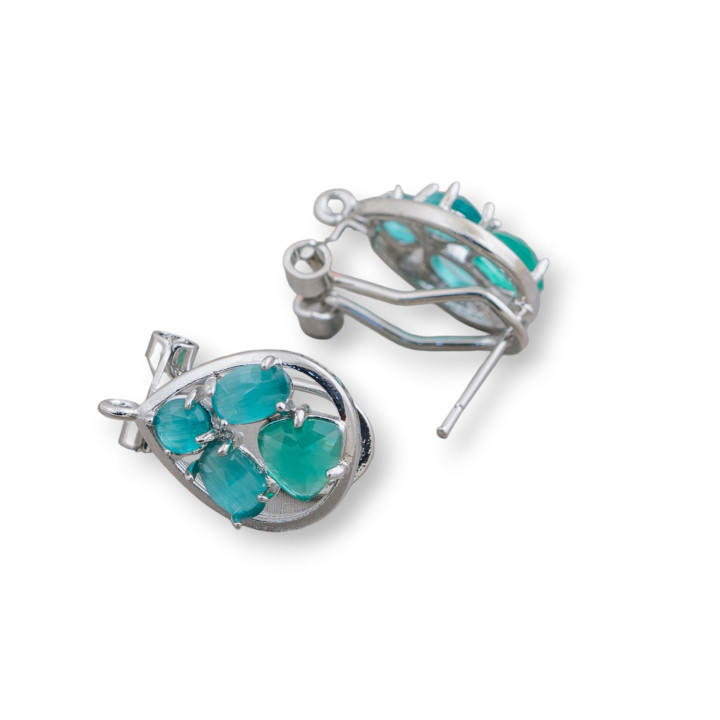 Ορειχάλκινο Σκουλαρίκι Βάση Κλειστό Stud Drop με Cat's Eye Cabochon Σετ 13x16mm 5 Ζεύγη Ρόδιο Πράσινο