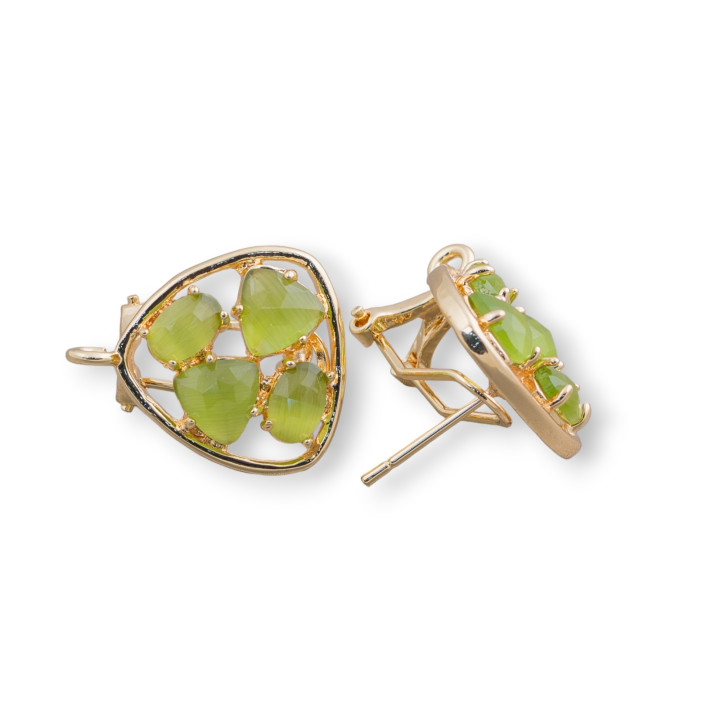 Brass Stud Earring Base Closed Pick with Cat's Eye Cabochon Set 16.5mm 5 Pairs Acid Green Gold
