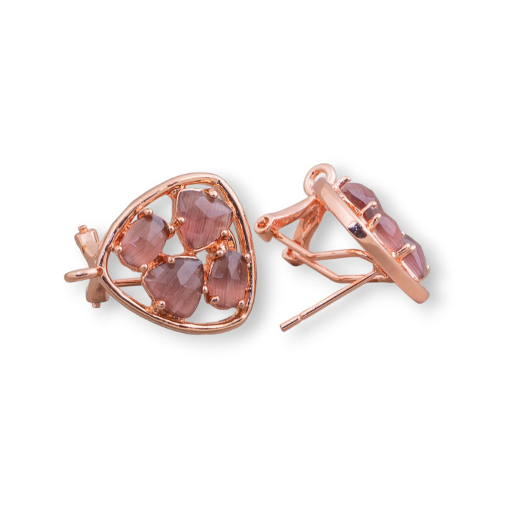 Boucles d'Oreilles Clous Laiton Broche Fermée Base Plectre Avec Cabochon Oeil de Chat 16.5mm 5 Paires Or Rose Bordeaux