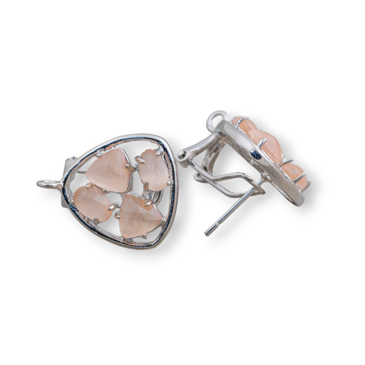 Base Per Orecchini Di Ottone A Perno Chiuso Plettro Con Cabochon Di Occhi Di Gatto Incastonati 16,5mm 5 Paia Rodiato Pesca