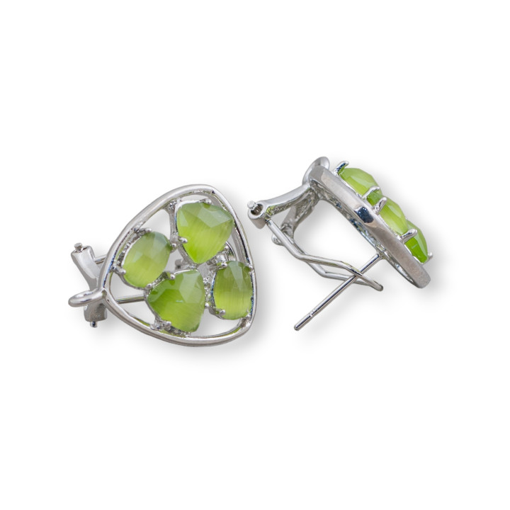 Messing-Ohrringe mit geschlossenem Stift, Basis Plektrum, mit Katzenaugen-Cabochons, 16,5 mm, 5 Paar, Rhodiumsäuregrün