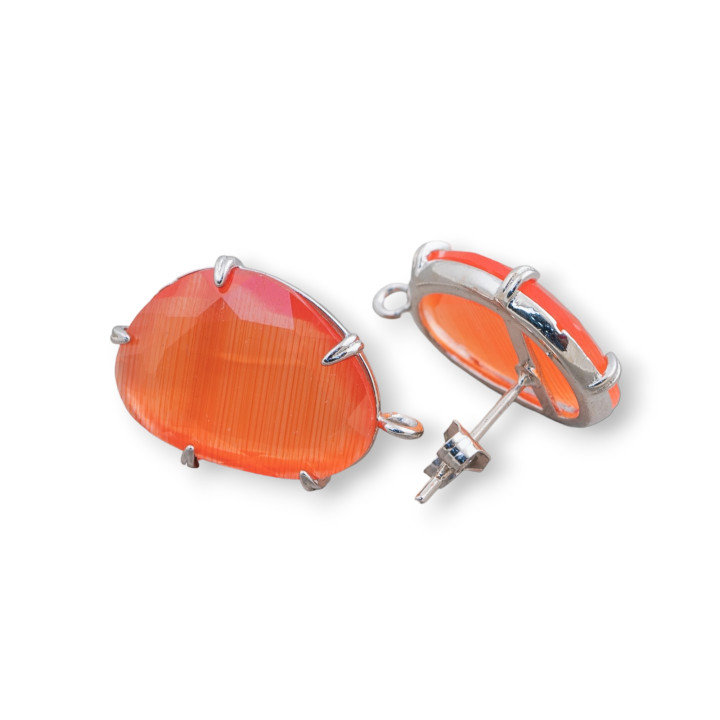Pendientes de botón de latón Base con ojo de gato facetado 14,5x18 mm 6 pares de rodio naranja
