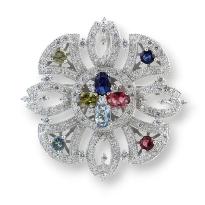 Basis für Anhänger und Brosche aus Silber 925 mit rundem Fantasy-Strass 40 mm 1 Stück Rhodium