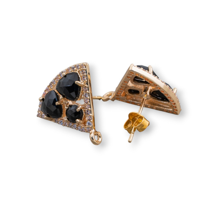 Μπρούτζινο Σκουλαρίκι Βάση Τρίγωνο με Cat's Eye Cabochon Σετ 18x15mm 5 Ζεύγη Χρυσό Μαύρο