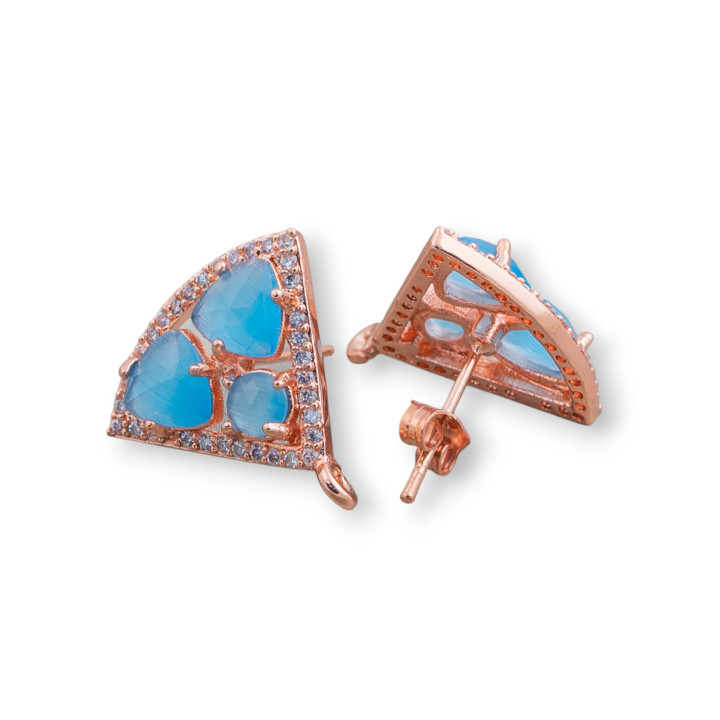 Brass Stud Earring Base Triangle with Cat's Eye Cabochon Set 18x15mm 5 Pairs Rose Gold Blue