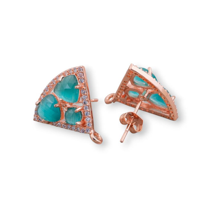 Brass Stud Earring Base Triangle with Cat's Eye Cabochon Set 18x15mm 5 Pairs Rose Gold Green