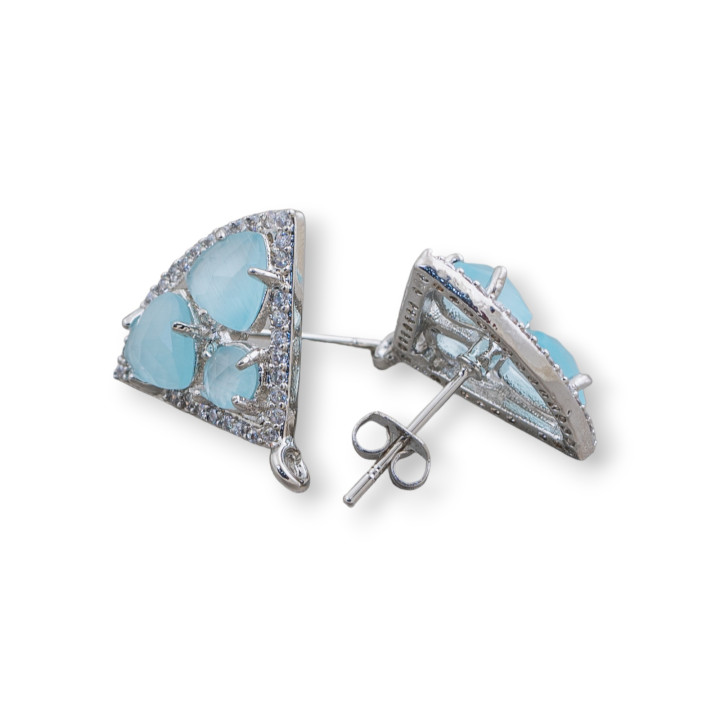Brass Stud Earring Base Triangle with Cat's Eye Cabochon Set 18x15mm 5 Pairs Rhodium Plated Aqua