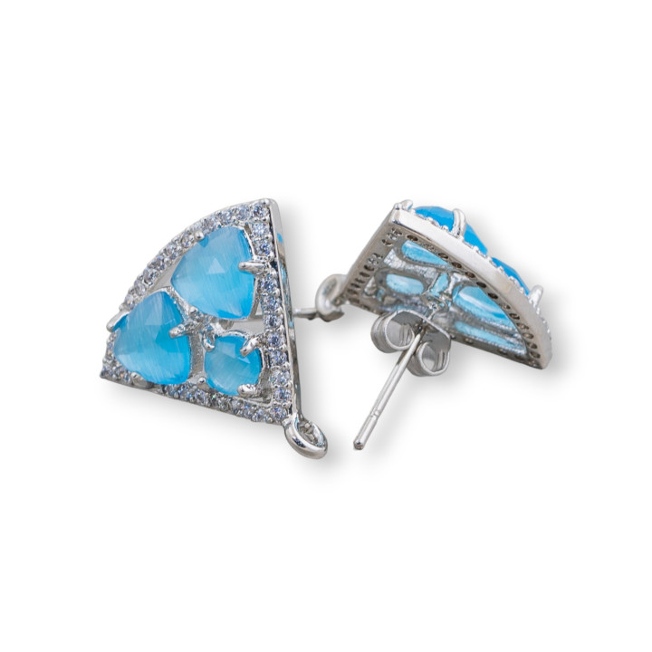 Base de aretes triangulares de latón con juego de cabujones de ojo de gato 18x15 mm 5 pares de rodio azul