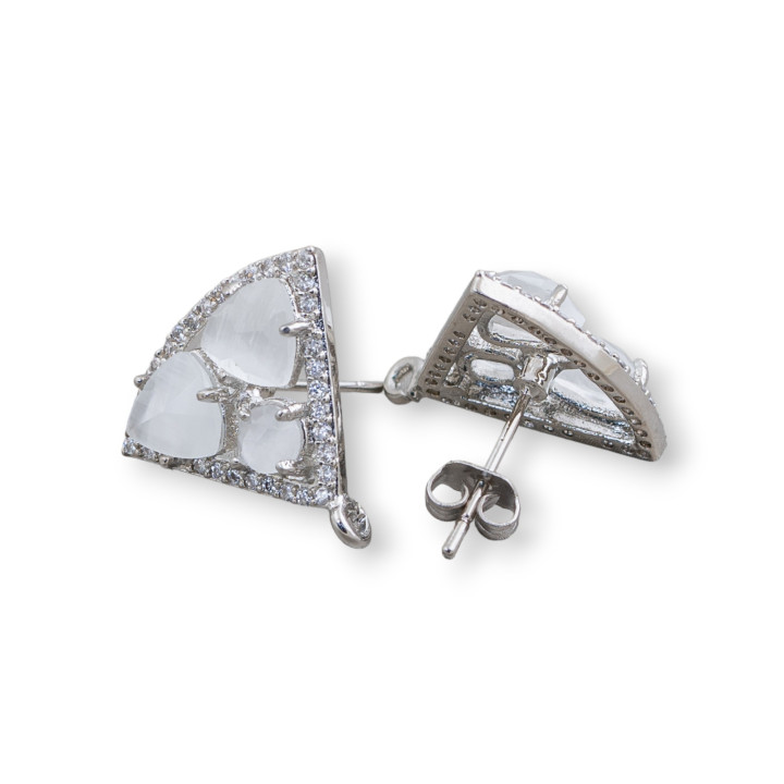 Brass Stud Earring Base Triangle with Cat's Eye Cabochon Set 18x15mm 5 Pairs White Rhodium Plated