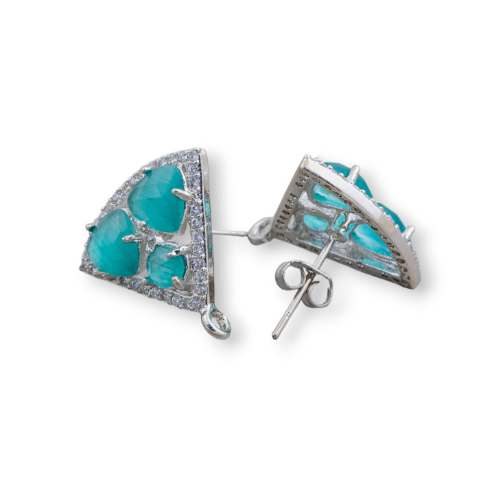 Pendientes de botón triangulares de latón con base y juego de cabujones de ojo de gato de 18x15 mm, 5 pares de rodio verde